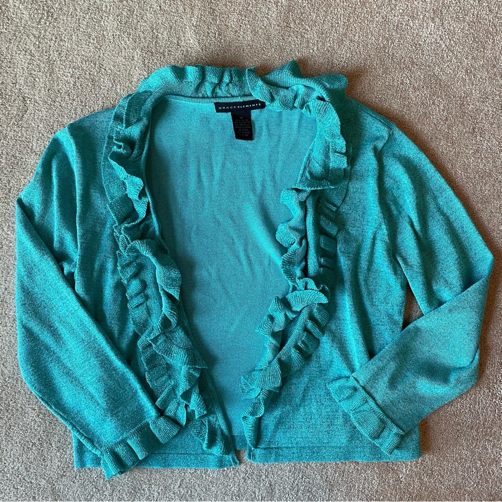 Grace Elements shimmer ruffle open cardigan